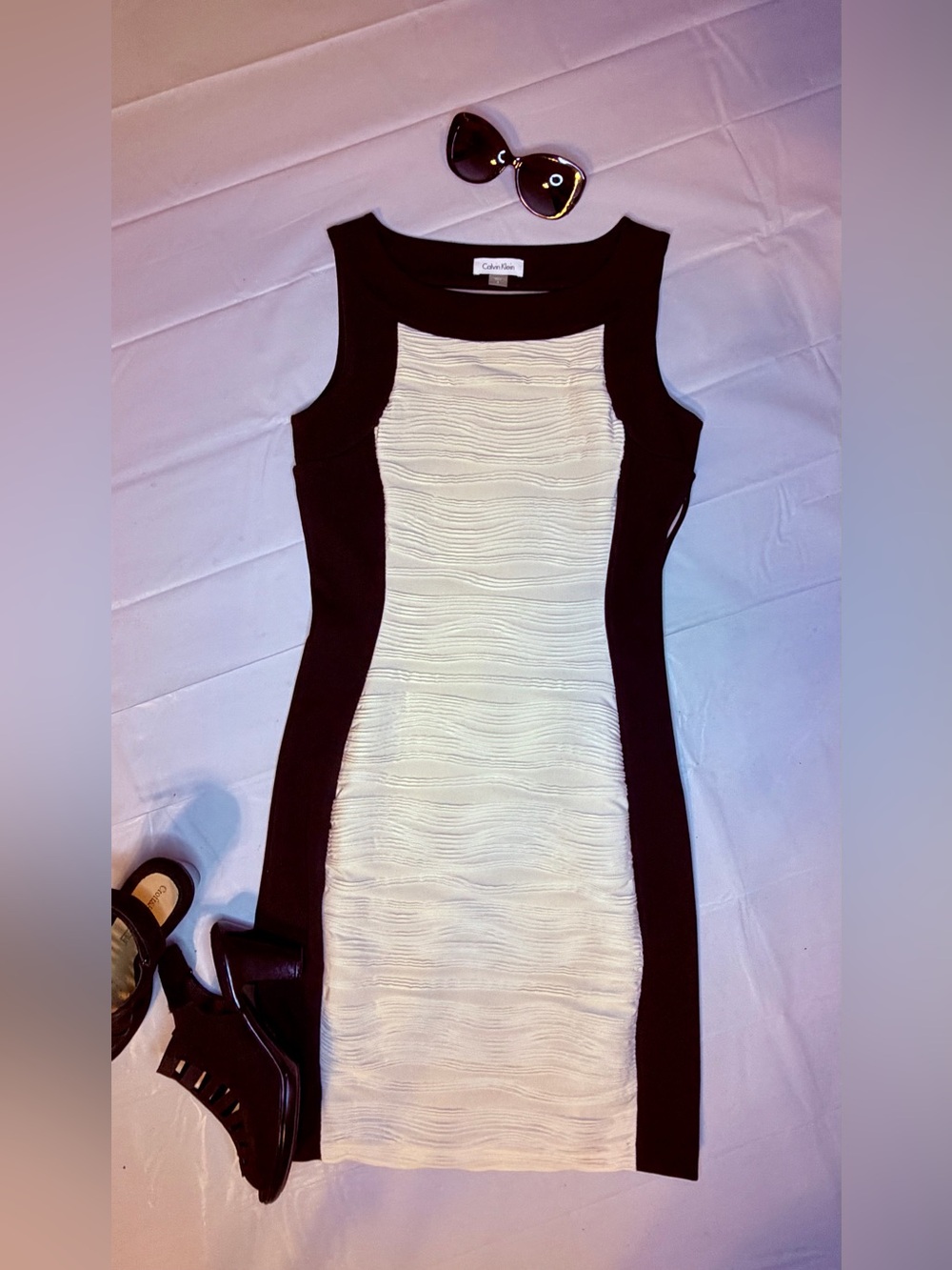 Calvin Klein Black & White Textured Midi Sheath Dress